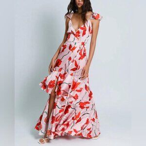 Hutch Senna Floral Flutter-Sleeve Tiered Maxi Wrap Dress